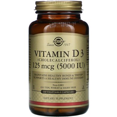 Вітамін Д3 (холекальциферол), Vitamin D3 (Cholecalciferol), Solgar, 5000 МО, 240 капсул в рослинній оболонці, SOL-03314