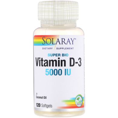 Вітамін Д3, Super Bio Vitamin D3, Solaray, 5000 МО, 120 м'яких таблеток, SOR-69755