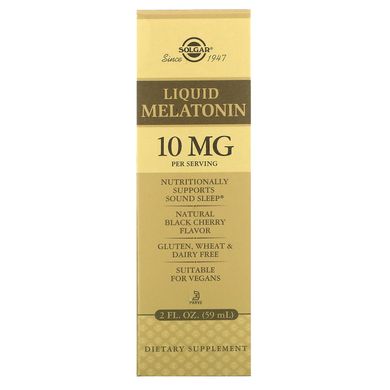 Мелатонин, жидкий натуральный, черная вишня, Liquid Melatonin, Natural Black Cherry Flavor, Solgar, 10 мг, 59 мл, SOL-50380