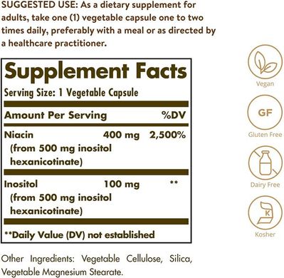 Ніацин що не викликає почервоніння, No-Flush Niacin, Solgar, 500 мг, 50 капсул, SOL-01910