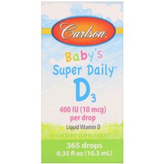 Витамин Д3 для детей, Baby's Super Daily D3 Liquid Drops, Carlson Labs, 400 МЕ, 10,3 мл (0,35 жидкой унции), CAR-01250