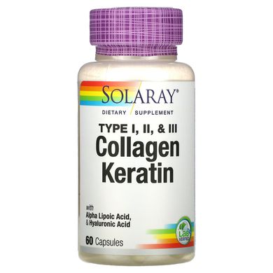 Коллаген кератин, тип I, II, III, Collagen Keratin Type I, II, and III, Solaray, 60 капсул, SOR-73799