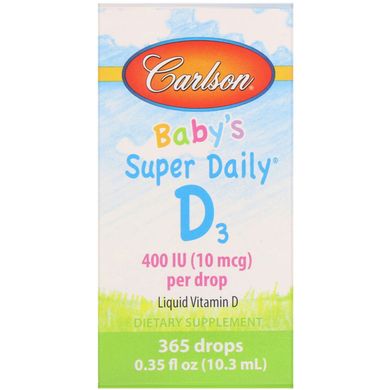 Вітамін Д3 для дітей, Baby's Super Daily D3 Liquid Drops, Carlson Labs, 400 МО10,3 мл (0,35 рідкої унції), CAR-01250