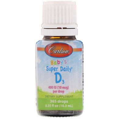 Вітамін Д3 для дітей, Baby's Super Daily D3 Liquid Drops, Carlson Labs, 400 МО10,3 мл (0,35 рідкої унції), CAR-01250