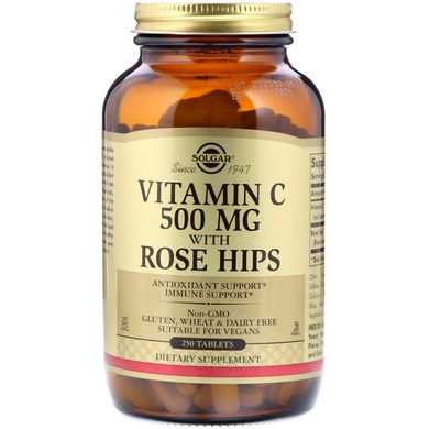 Вітамін С з шипшиною, Vitamin C With Rose Hips, Solgar, 500 мг, 250 таблеток, SOL-02381