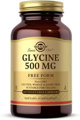 Гліцин, Glycine, Solgar, 500 мг, 100 капсул на рослинній основі, SOL-01370