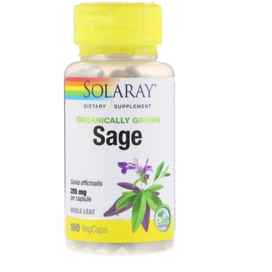 Шалфей, Organically Grown Sage Leaf, Solaray, 285 мг, 100 растительных капсул, SOR-38170