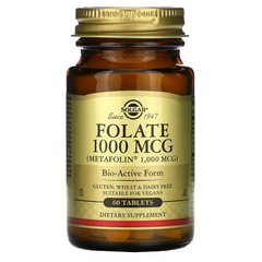 Фолієва кислота, Folic Acid, Folate, Solgar, 1000 мкг, 60 таблеток, SOL-53595