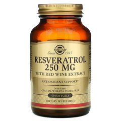 Ресвератрол, Resveratrol, Solgar, 250 мг, 60 гелевых капсул, SOL-02484