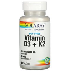 Витамин Д3 + К2, без сои, Vitamin D3 + K2, Solaray, 60 вегетарианских капсул, SOR-38584