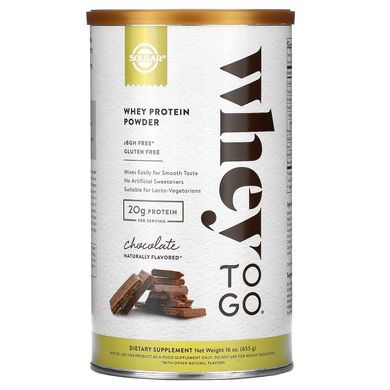 Сироватковий протеїновий порошок, шоколад, Whey Protein Powder, Whey To Go, Solgar, 454 г, SOL-03672