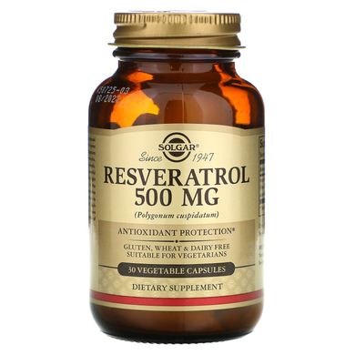 Ресвератрол, Resveratrol, Solgar, 500 мг, 30 капсул на растительной основе, SOL-31045