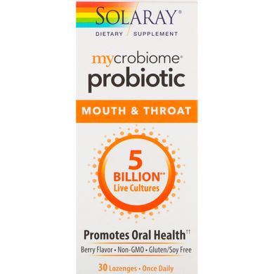 Мікробіомний пробіотик для рота і горла, з ягідним смаком, Mycrobiome Probiotic Mouth & Throat Formula, Solaray, 30 пастилок, SOR-82650