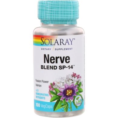 Поддержка нервной системы, смесь трав, Nerve Blend SP-14, Solaray, 100 вегетарианских капсул, SOR-02140