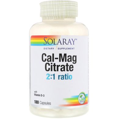 Цитрат кальцію і магнію з вітаміном D3 Solaray (Cal-Mag Citrate with Vitamin D3) 180 капсул, SOR-88450