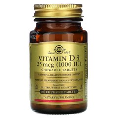 Вітамін Д3, натуральний смак полуниці і банана, Vitamin D3, Natural Strawberry And Banana Flavor, Solgar, 1000 МО, 100 жувальних таблеток, SOL-54956