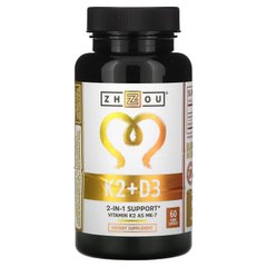 K2 + D3, поддержка 2-в-1, Zhou Nutrition, 60 вегетарианских капсул, ZHO-00618