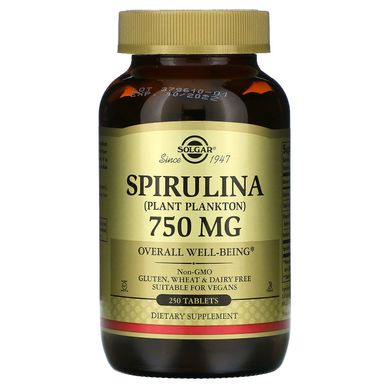 Спіруліна, Spirulina, Solgar, 750 мг, 250 таблеток, SOL-02661