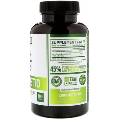 Saw Palmetto, комплекс здоровья простаты, Zhou Nutrition, 100 капсул, ZHO-00630