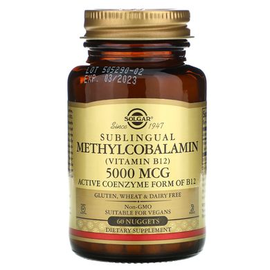 Сублінгвальний метилкобаламін, Sublingual Methylcobalamin, Solgar, 5000 мкг, 60 капсул, SOL-01959