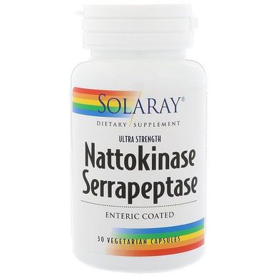 Наттокиназа серрапептаза, Nattokinase Serrapeptase, Solaray, 30 вегетарианских капсул, SOR-93714