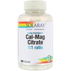 Кальций и магний 1:1 высокоэффективный Solaray (Cal-Mag Citrate) 180 капсул, SOR-04525