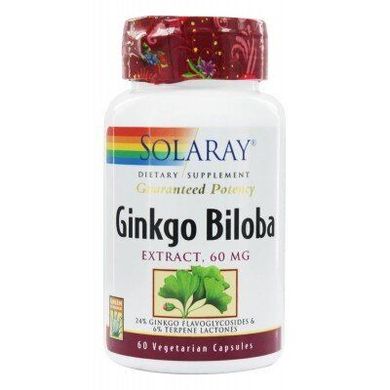 Гинкго билоба, Ginkgo Biloba Leaf Extract, Solaray, 60 мг, 60 вегетарианских капсул, SOR-03600