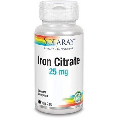 Цитрат железа, Iron Citrate, Solaray, 25 мг, 60 вегетарианских капсул, SOR-46103