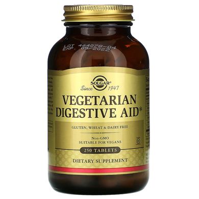 Засіб для покращення травлення для вегетаріанців, Vegetarian Digestive Aid, Solgar, 250 таблеток, SOL-02802