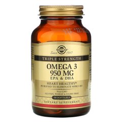 Омега-3, ЭПК и ДГК, тройная сила, Omega-3, EPA & DHA, Triple Strength, Solgar, 950 мг, 50 мягких таблеток, SOL-02057