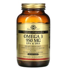 Омега-3 ЕПК і ДГК, потрійна сила, Omega 3 EPA & DHA, Solgar, 950 мг, 100 капсул, SOL-02058