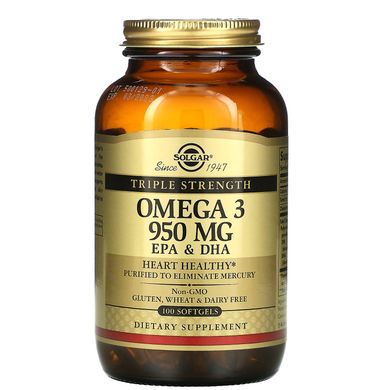 Омега-3 ЭПК и ДГК, тройная сила, Omega 3 EPA & DHA, Solgar, 950 мг, 100 капсул, SOL-02058