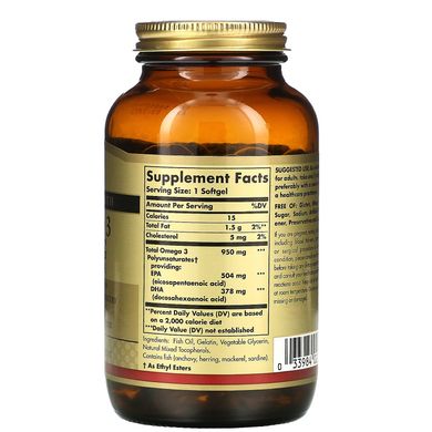 Омега-3 ЕПК і ДГК, потрійна сила, Omega 3 EPA & DHA, Solgar, 950 мг, 100 капсул, SOL-02058