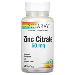 Цинк, Zinc Citrate, Solaray, 50 мг, 60 вегетарианских капсул, SOR-47102