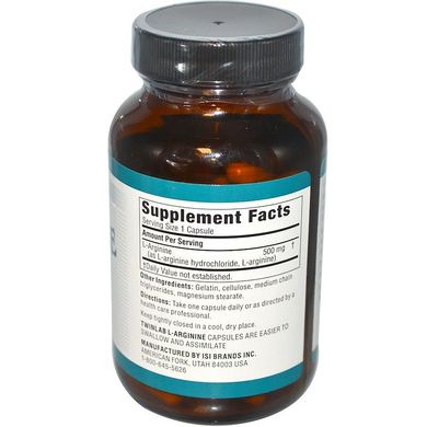 Аргінін Twinlab (L-Arginine) 500 мг 100 капсул, TWL-00111