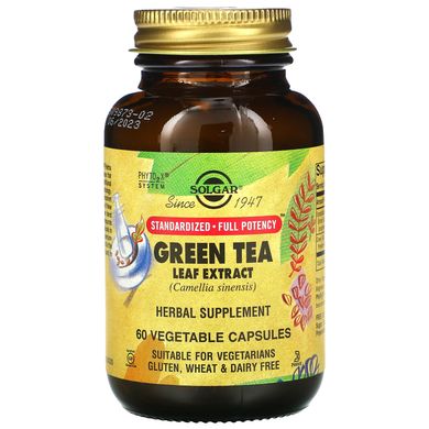 Екстракт листа зеленого чаю, Green Tea Leaf Extract, Solgar, 60 капсул на рослинній основі, SOL-04124