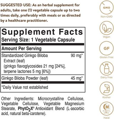 Гінкго білоба, Ginkgo Biloba, Solgar, екстракт листя, 60 капсул, SOL-04131