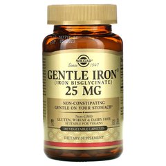 Залізо, Gentle Iron, Solgar, 25 мг, 180 рослинних капсул, SOL-01250