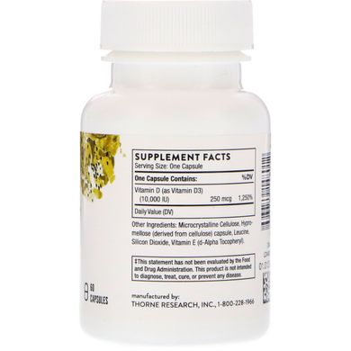 Витамин D3 Thorne Research (Vitamin D3) 10 000 МЕ 60 капсул, THR-14801