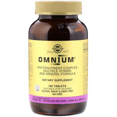 Омниум, мультивитамины и минералы, Omnium, Multiple Vitamin and Mineral, Solgar, 180 таблеток, SOL-02072