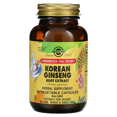 Экстракт корня корейского женьшеня, Korean Ginseng Root Extract, Solgar, 60 растительных капсул, SOL-04138