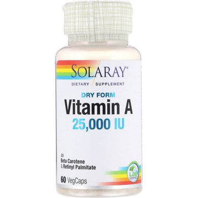 Сухой витамин А, Dry Form Vitamin A, Solaray, 25000 МЕ, 60 вегетарианских капсул, SOR-04130