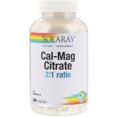 Цитрат кальция и магния с витамином D2 Solaray (Cal-Mag Citrate with Vitamin D-2) 360 капсул, SOR-13175