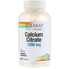 Цитрат кальцію підвищеної засвоюваності Solaray (Calcium Citrate) 1000 мг 240 капсул, SOR-13176