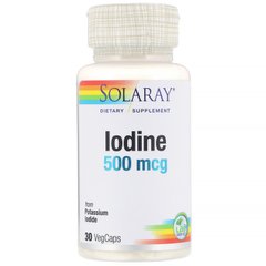 Йодин як калій йодид, Iodine, Solaray, 500 мкг, 30 вегетаріанських капсул, SOR-14260