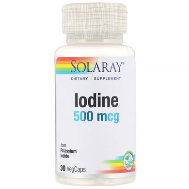 Йодин как калий йодид, Iodine, Solaray, 500 мкг, 30 вегетарианских капсул, SOR-14260