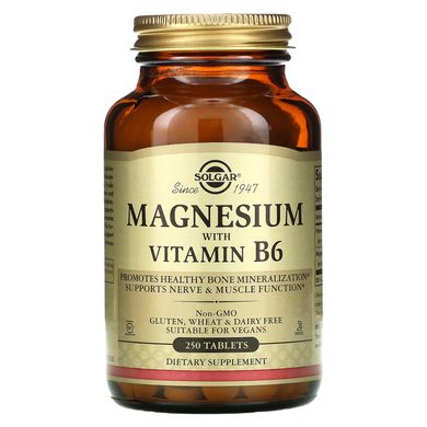 Магний с витамином В6, Magnesium With Vitamin B6, Solgar, 250 таблеток, SOL-01721