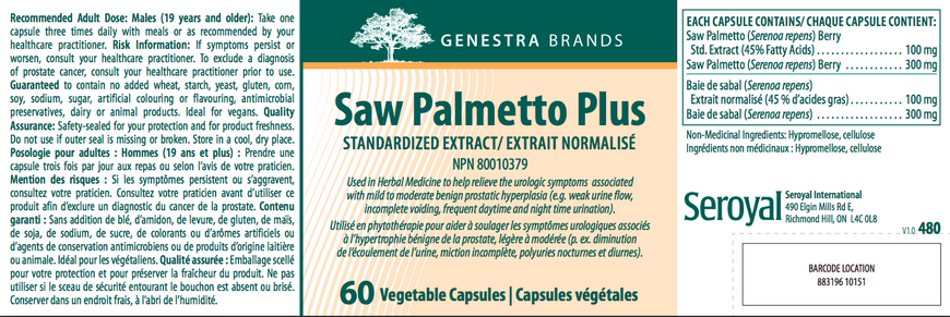 Со Пальметто Genestra Brands (Saw Palmetto Plus) 400 мг 60 капсул, GEN-10152