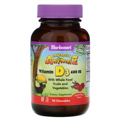 Витамин D3 для детей Bluebonnet Nutrition (Rainforest Animalz Vitamin D3) 400 МЕ 90 жевательных таблеток со вкусом малины, BLB-00194