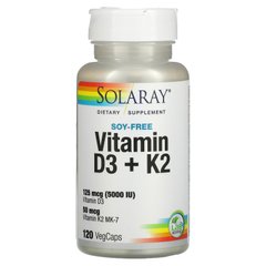 Витамин Д3 и К2 Solaray (Vitamin D-3 & K-2) 5000 МЕ/50 мкг 120 капсул, SOR-57445